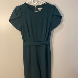 CALVIN KLEIN Womens Green Belted Petal Sleeve Jewel Neck Wide Leg Jumpsuit